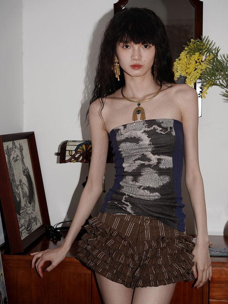 badtaste Western Floral Print Patchwork New Chinese Style Slim Fit Women's Tube Tops