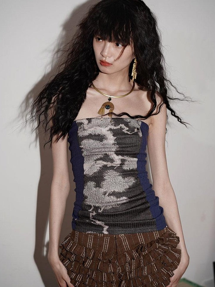 badtaste Western Floral Print Patchwork New Chinese Style Slim Fit Women's Tube Tops