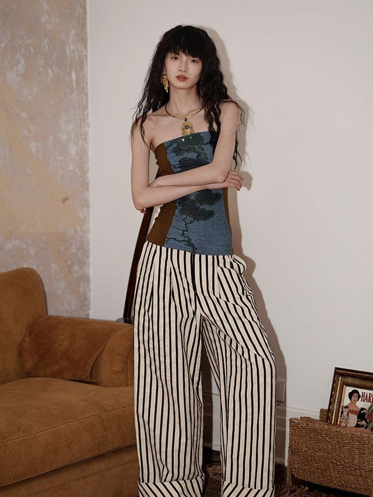 badtaste Western Floral Print Patchwork New Chinese Style Slim Fit Women's Tube Tops