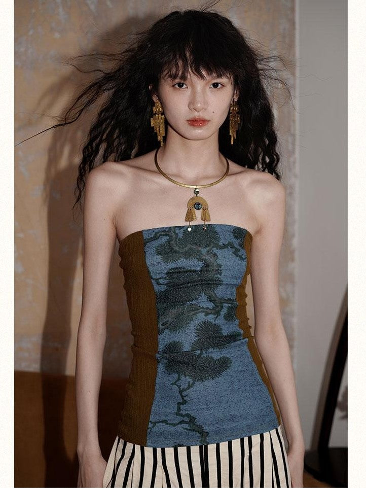 badtaste Western Floral Print Patchwork New Chinese Style Slim Fit Women's Tube Tops
