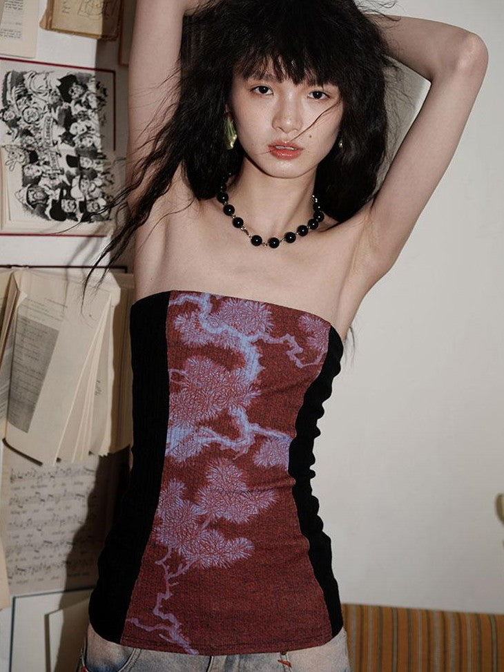 badtaste Western Floral Print Patchwork New Chinese Style Slim Fit Women's Tube Tops