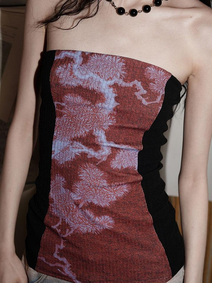 badtaste Western Floral Print Patchwork New Chinese Style Slim Fit Women's Tube Tops