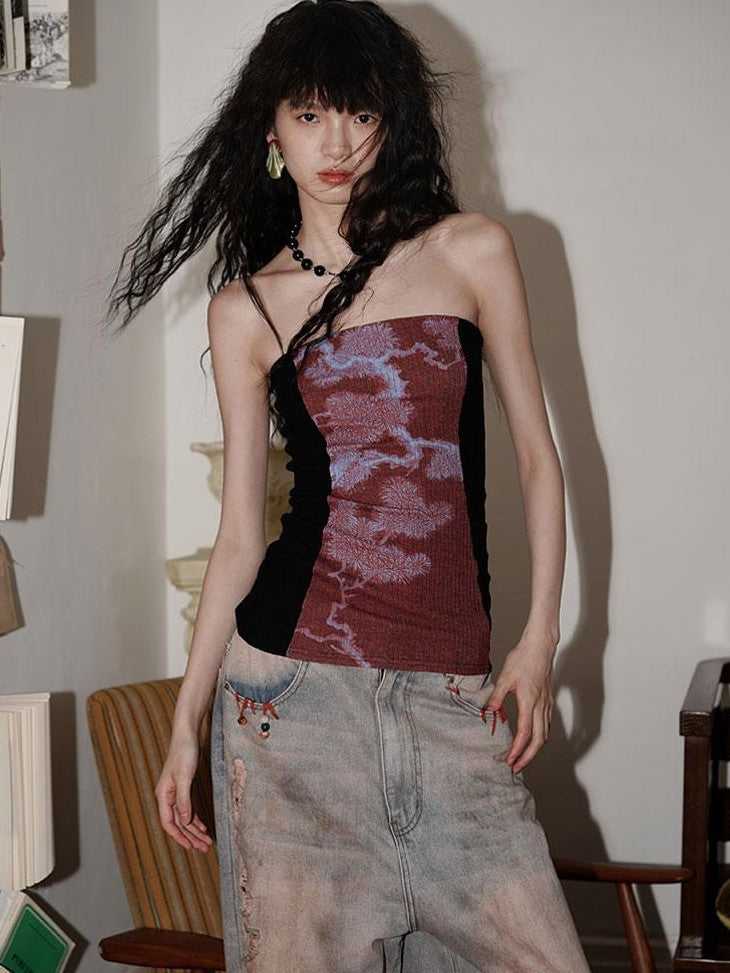 badtaste Western Floral Print Patchwork New Chinese Style Slim Fit Women's Tube Tops