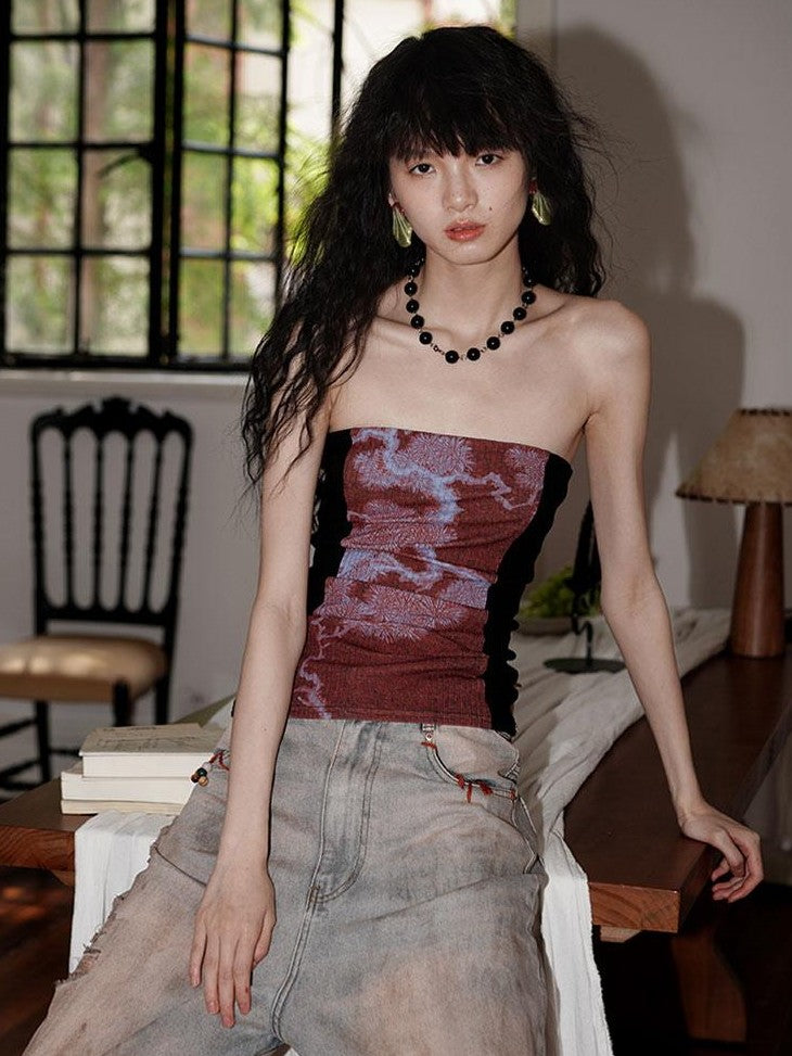 badtaste Western Floral Print Patchwork New Chinese Style Slim Fit Women's Tube Tops