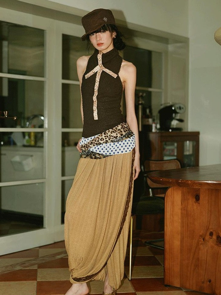 badtaste Western French Tailored Asymmetric Pleated Low Waist Women's Lace Maxi Skirts