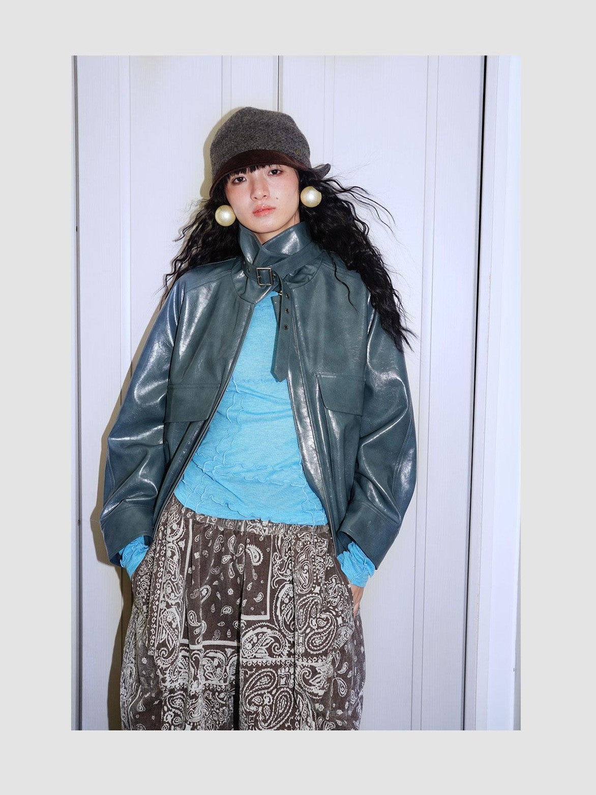 badtaste Western Glossy Detachable Fur Collar Loose Vintage Women's Pu Leather Jackets