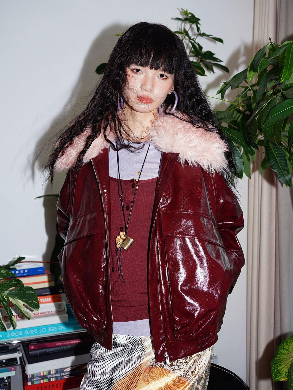 badtaste Western Glossy Detachable Fur Collar Loose Vintage Women's Pu Leather Jackets