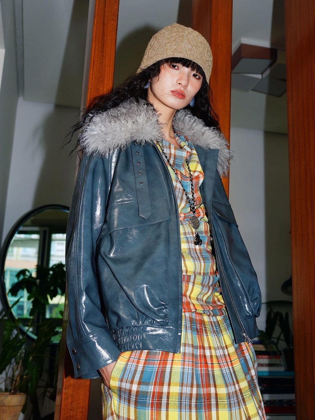 badtaste Western Glossy Detachable Fur Collar Loose Vintage Women's Pu Leather Jackets