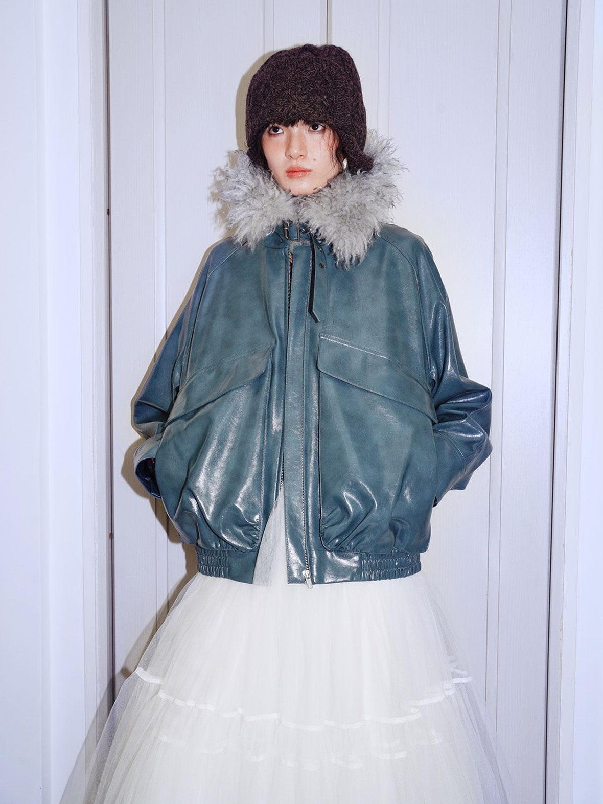 badtaste Western Glossy Detachable Fur Collar Loose Vintage Women's Pu Leather Jackets