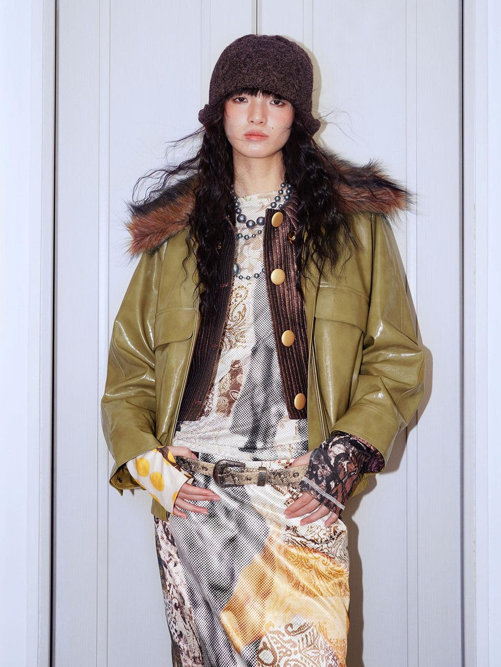 badtaste Western Glossy Detachable Fur Collar Loose Vintage Women's Pu Leather Jackets