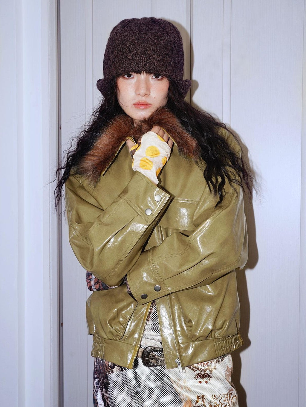 badtaste Western Glossy Detachable Fur Collar Loose Vintage Women's Pu Leather Jackets