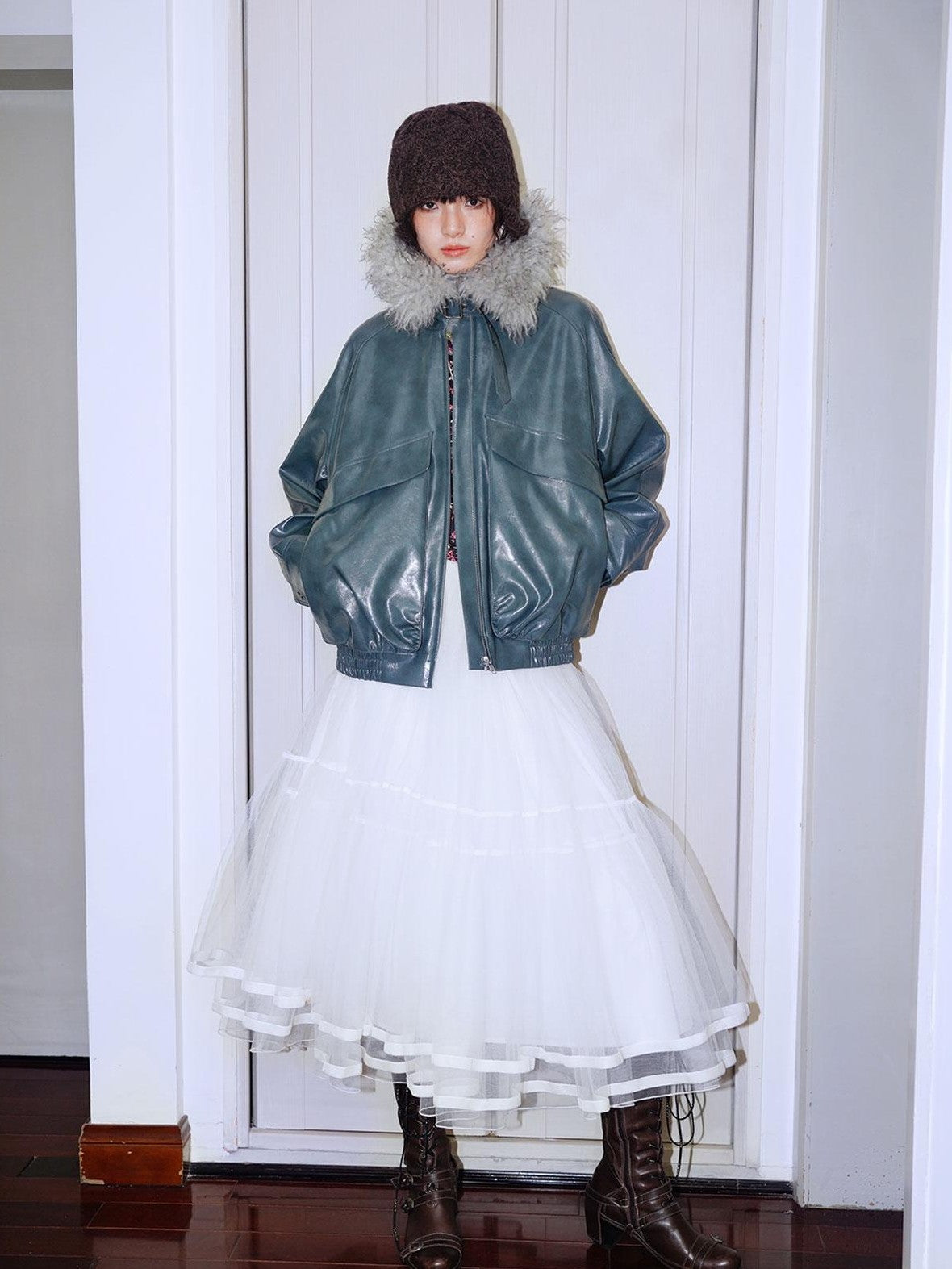 badtaste Western Glossy Detachable Fur Collar Loose Vintage Women's Pu Leather Jackets