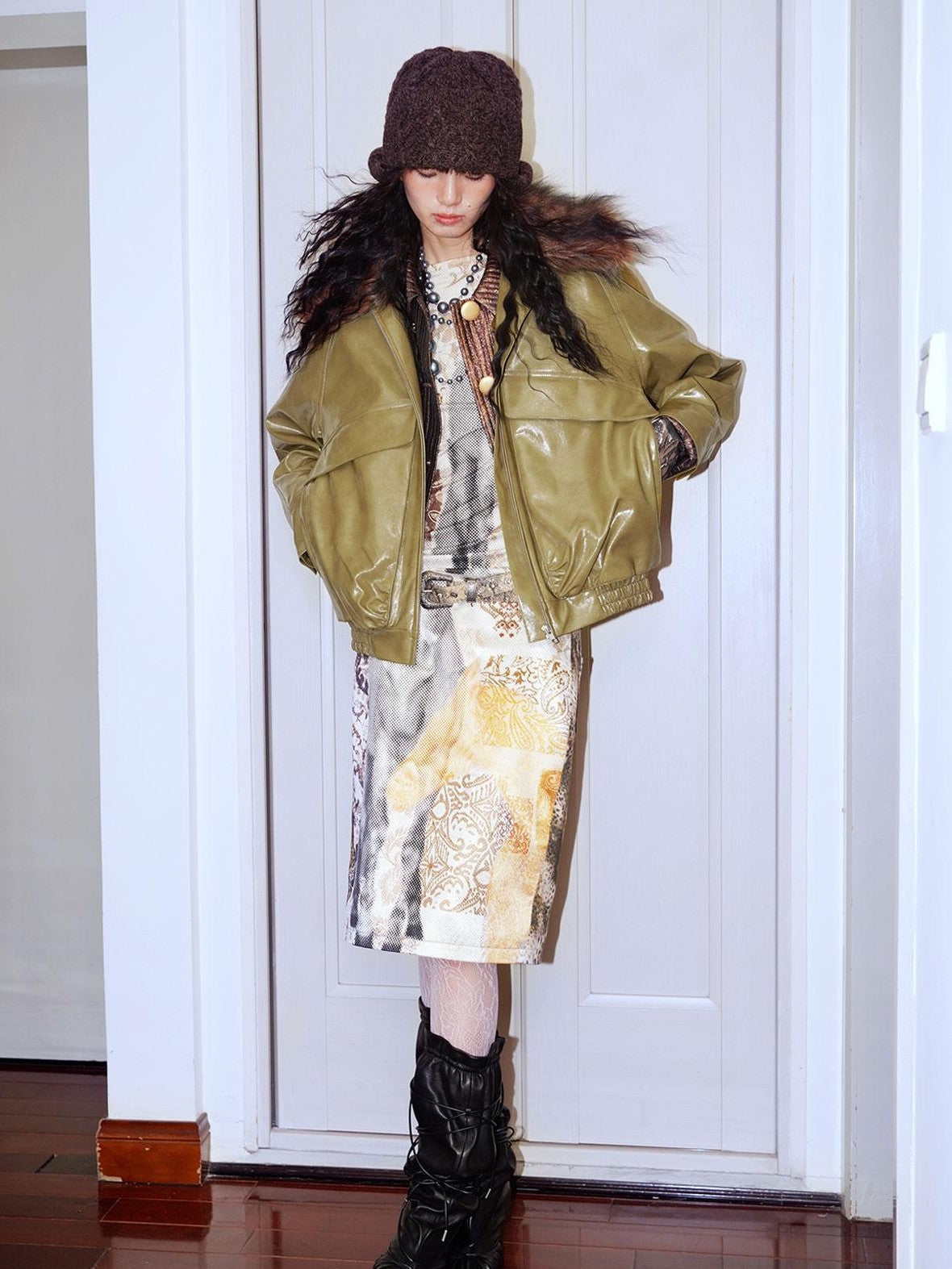 badtaste Western Glossy Detachable Fur Collar Loose Vintage Women's Pu Leather Jackets