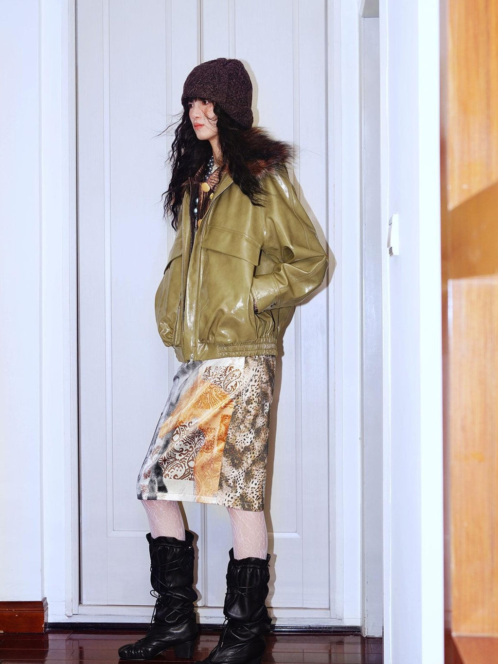 badtaste Western Glossy Detachable Fur Collar Loose Vintage Women's Pu Leather Jackets