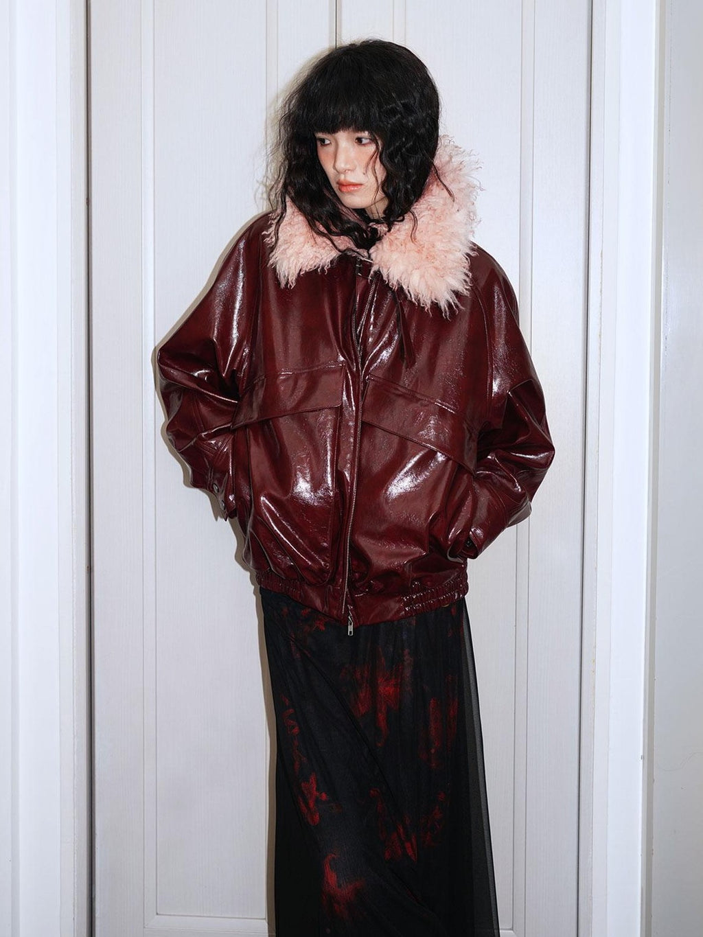 badtaste Western Glossy Detachable Fur Collar Loose Vintage Women's Pu Leather Jackets