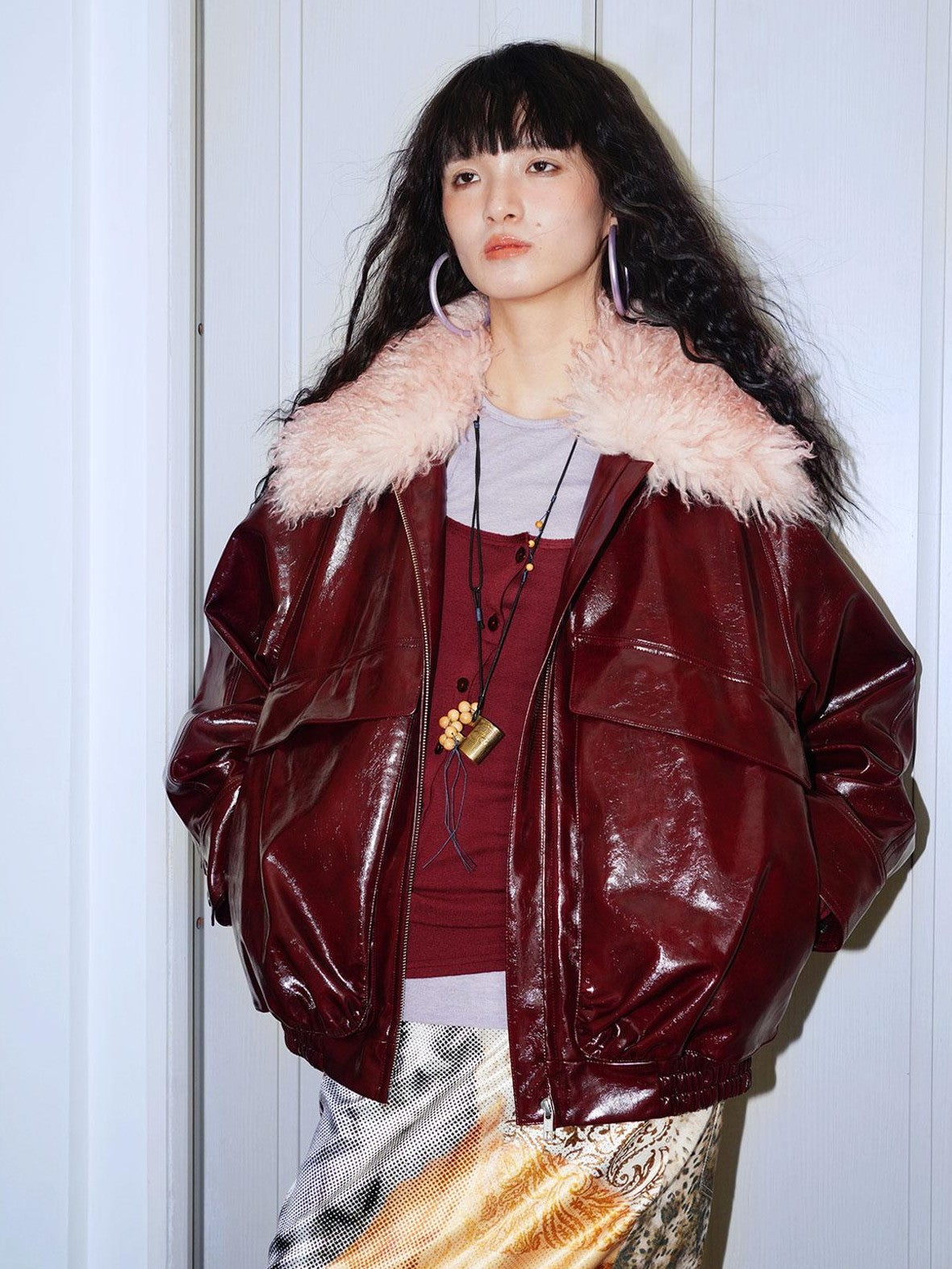 badtaste Western Glossy Detachable Fur Collar Loose Vintage Women's Pu Leather Jackets