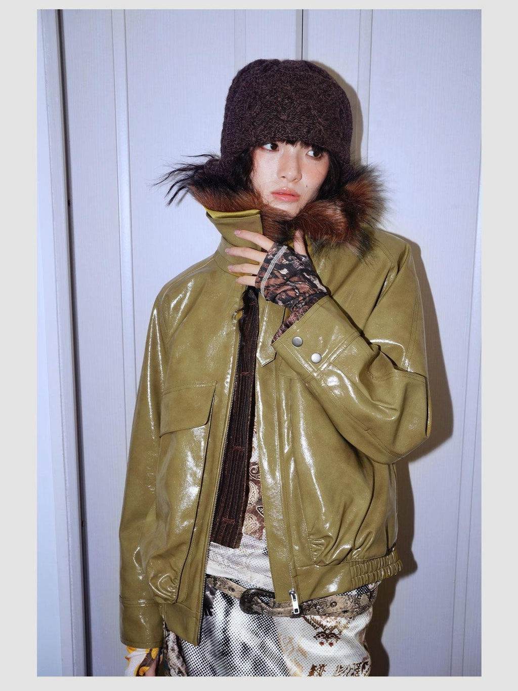 badtaste Western Glossy Detachable Fur Collar Loose Vintage Women's Pu Leather Jackets