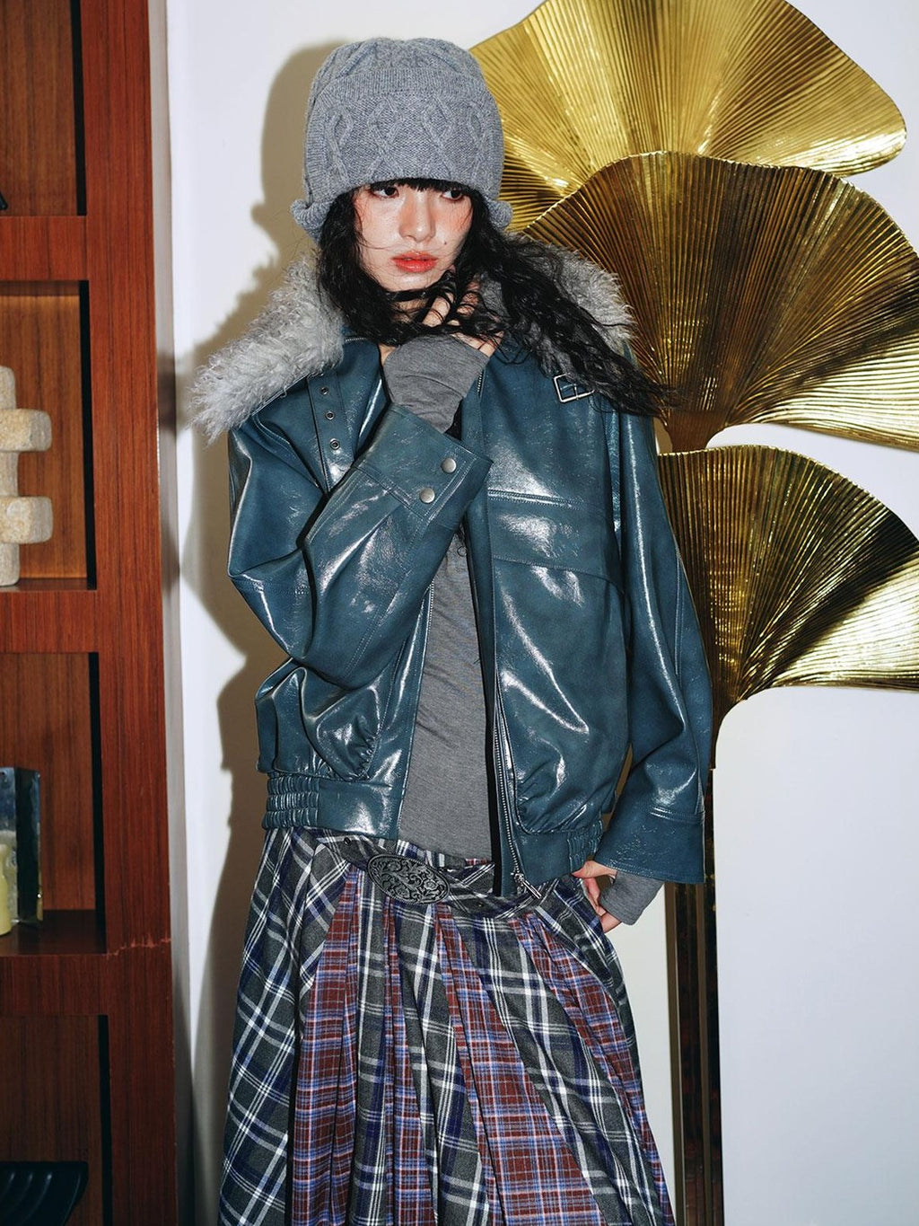 badtaste Western Glossy Detachable Fur Collar Loose Vintage Women's Pu Leather Jackets