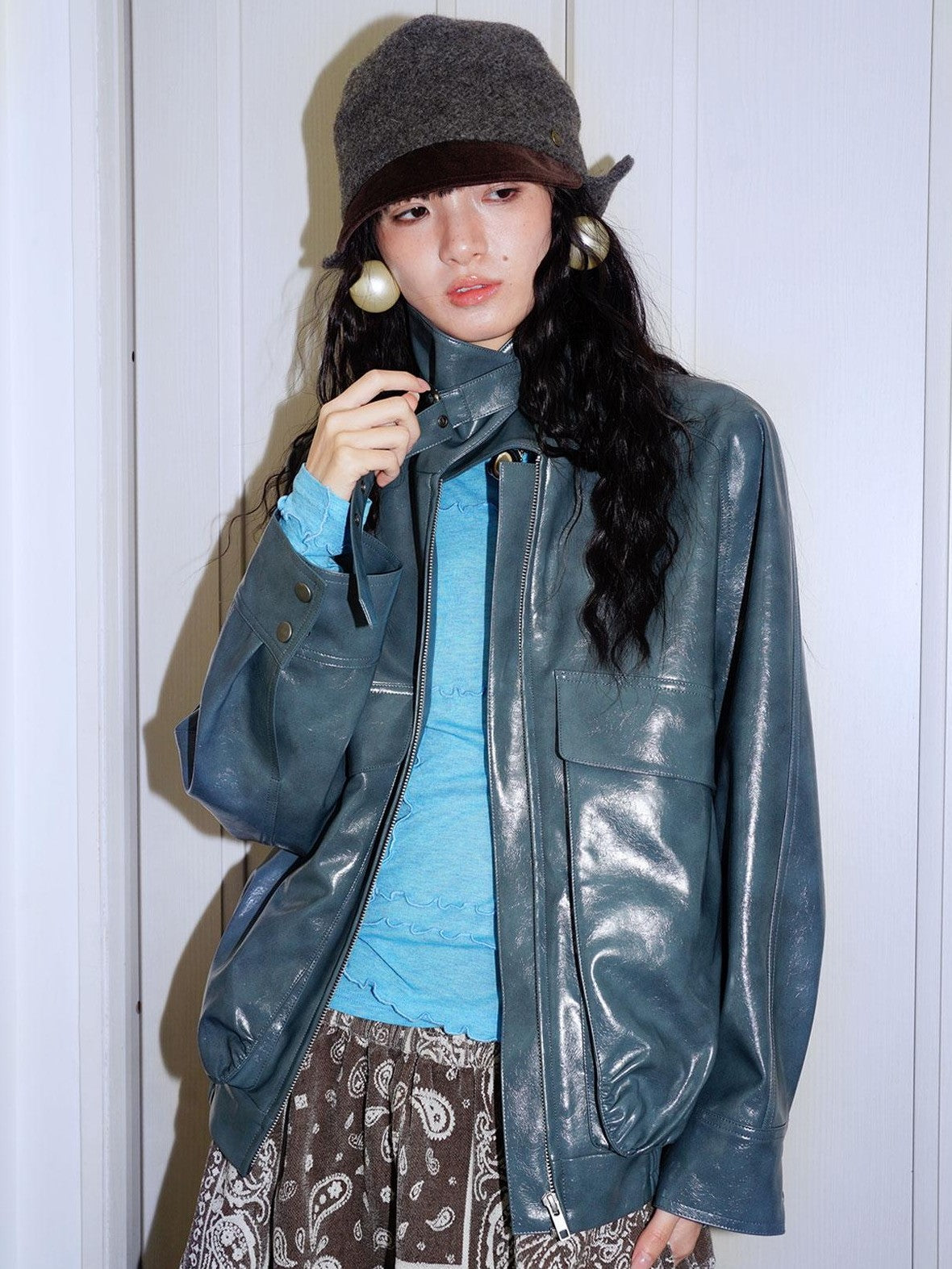 badtaste Western Glossy Detachable Fur Collar Loose Vintage Women's Pu Leather Jackets