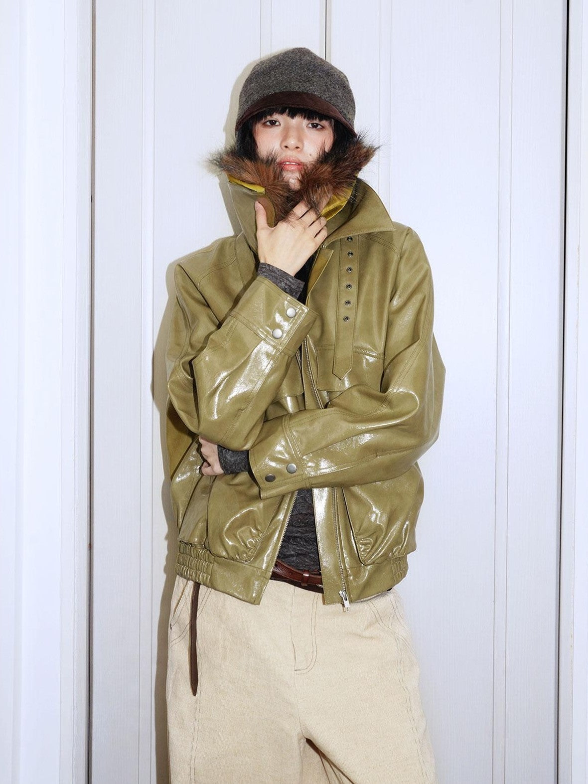 badtaste Western Glossy Detachable Fur Collar Loose Vintage Women's Pu Leather Jackets
