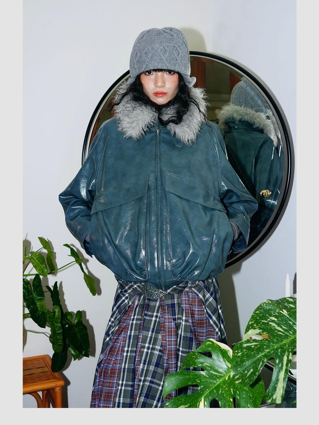 badtaste Western Glossy Detachable Fur Collar Loose Vintage Women's Pu Leather Jackets