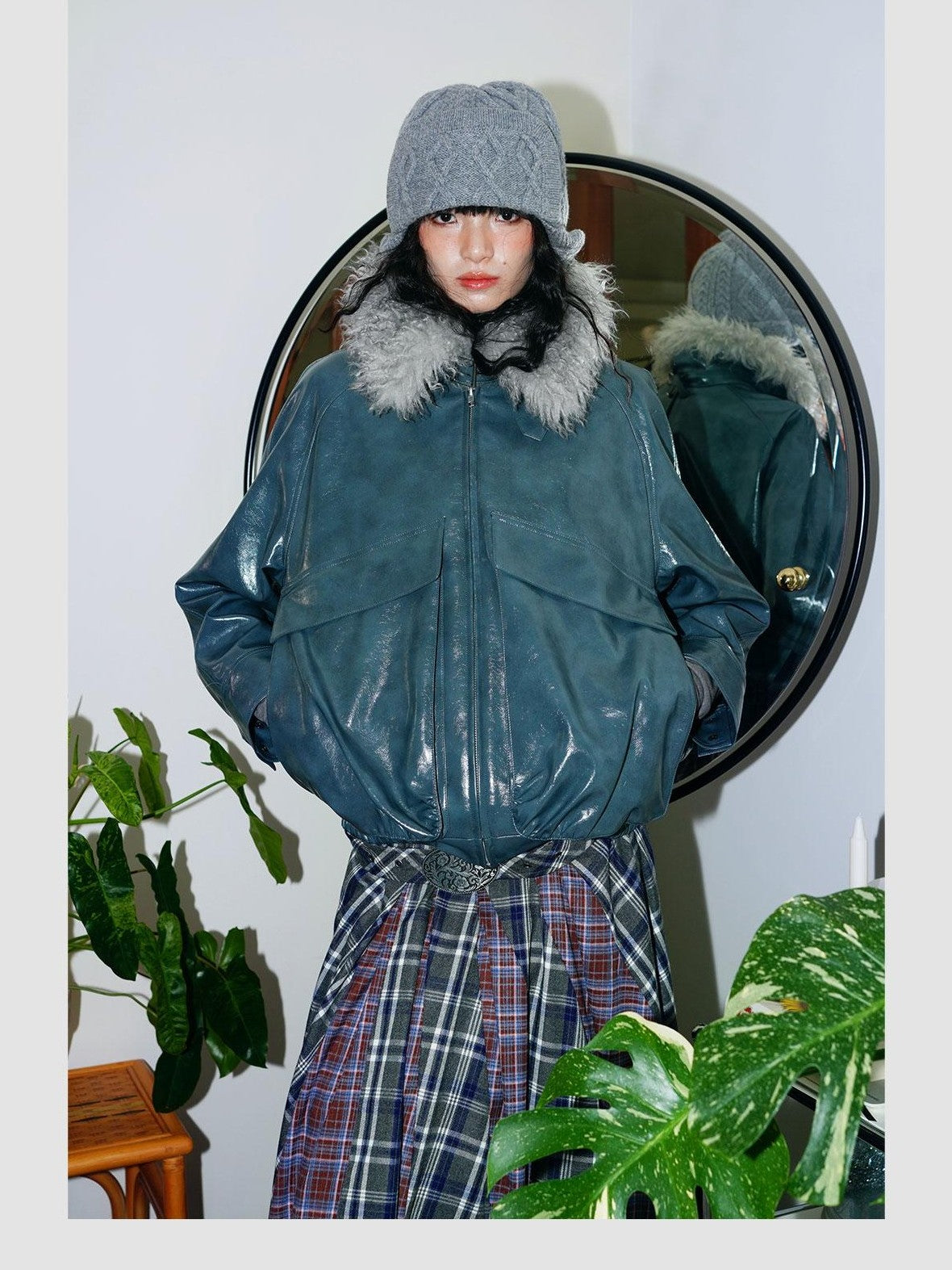 badtaste Western Glossy Detachable Fur Collar Loose Vintage Women's Pu Leather Jackets