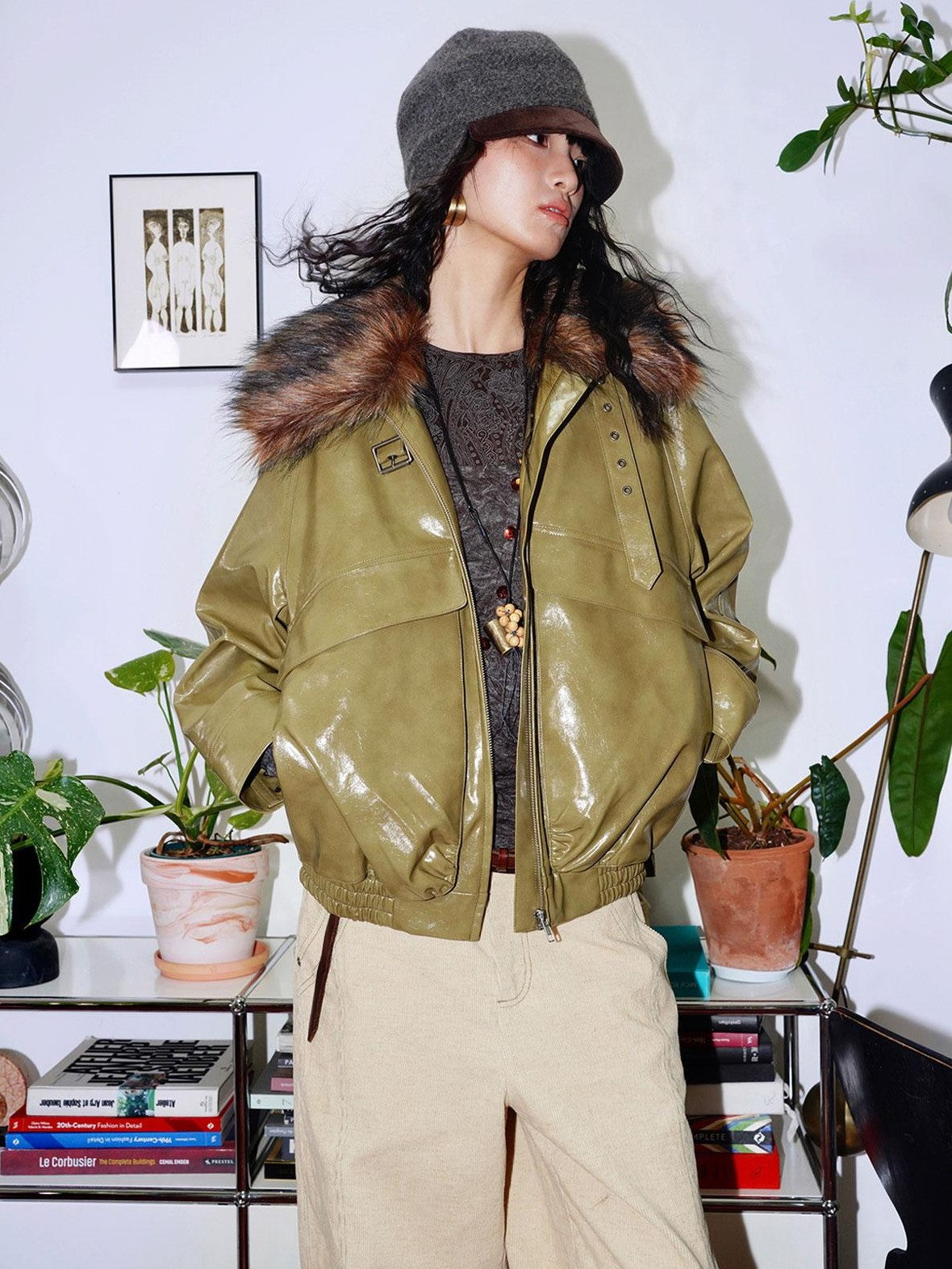 badtaste Western Glossy Detachable Fur Collar Loose Vintage Women's Pu Leather Jackets