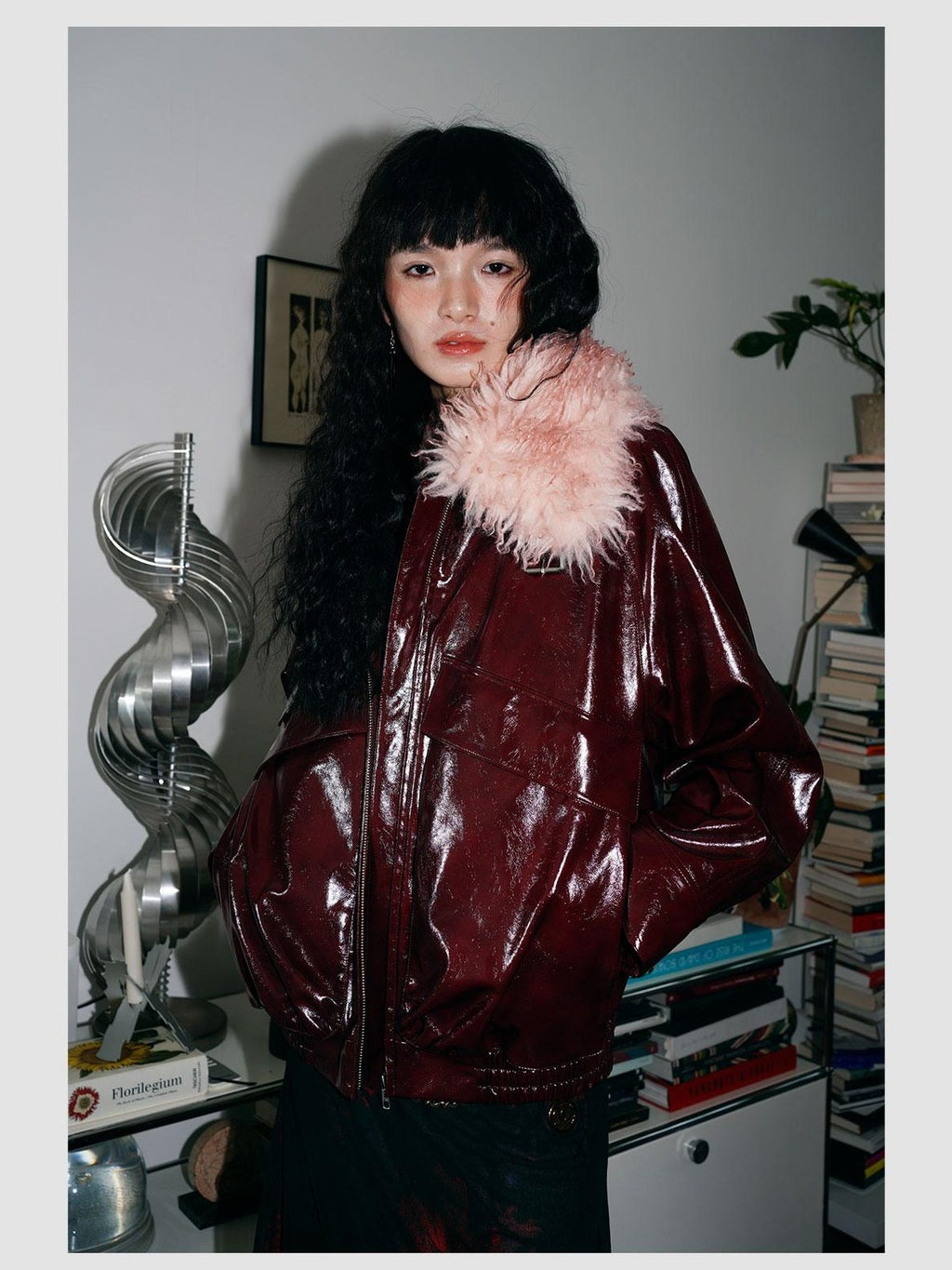 badtaste Western Glossy Detachable Fur Collar Loose Vintage Women's Pu Leather Jackets