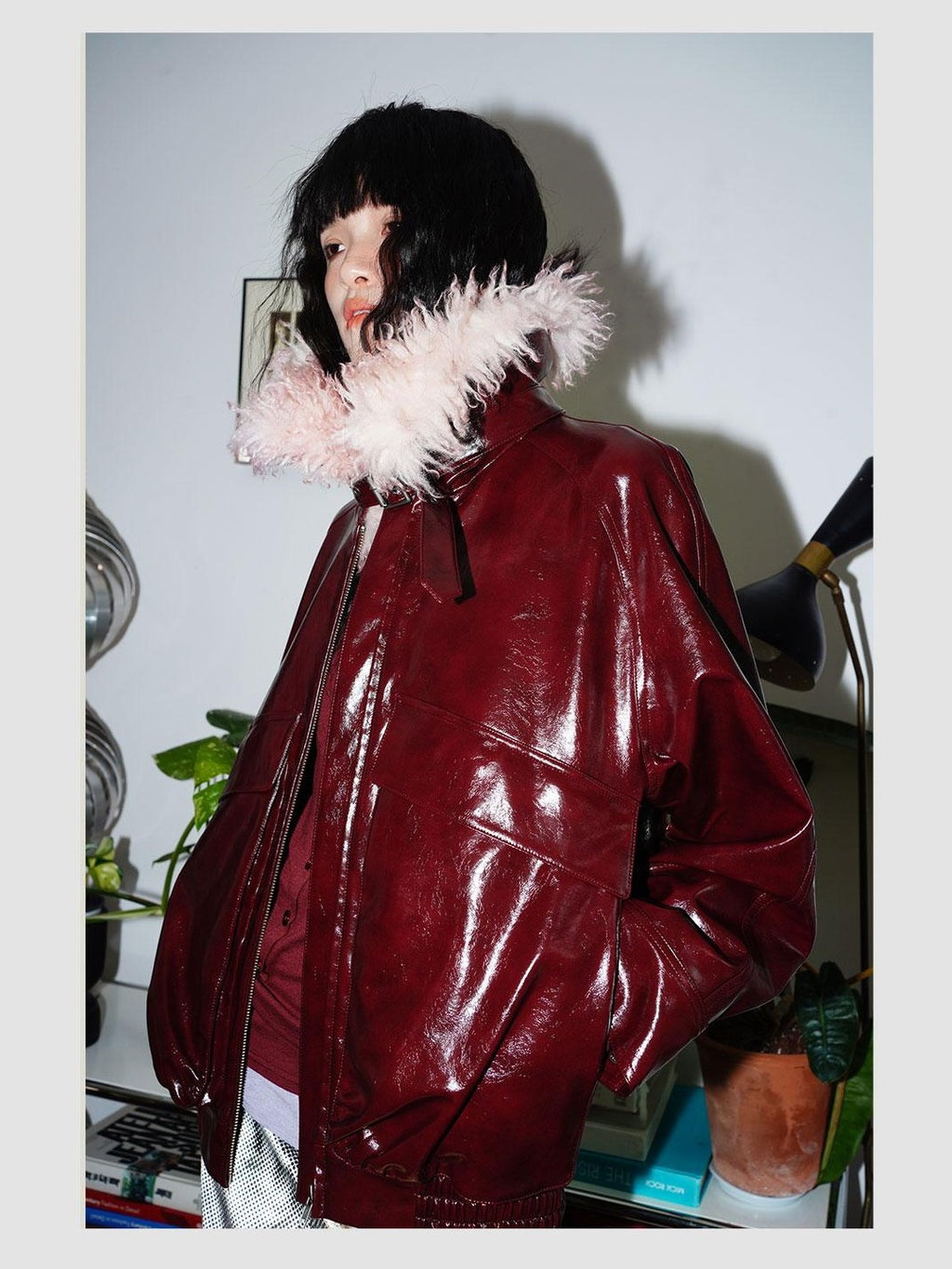 badtaste Western Glossy Detachable Fur Collar Loose Vintage Women's Pu Leather Jackets