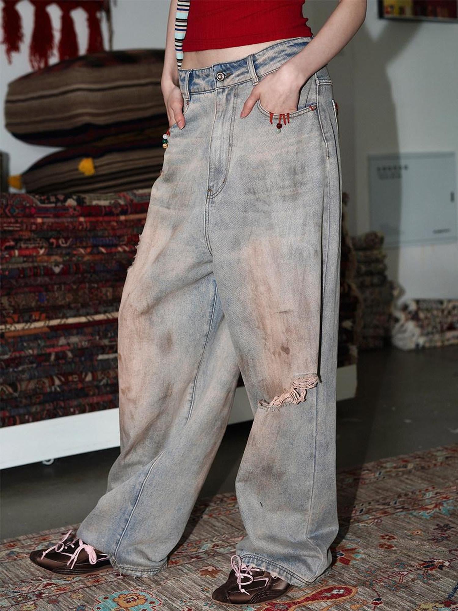 badtaste Western Hand Beaded Distressed Ripped Low Waist Women's Denim Wide-leg Jeans