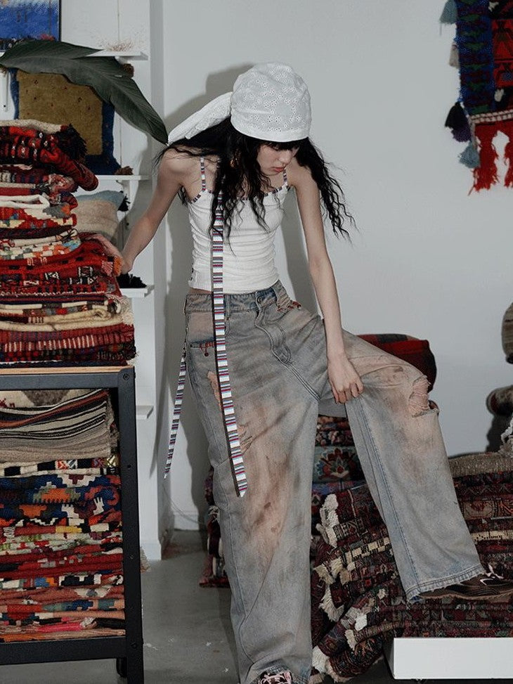 badtaste Western Hand Beaded Distressed Ripped Low Waist Women's Denim Wide-leg Jeans