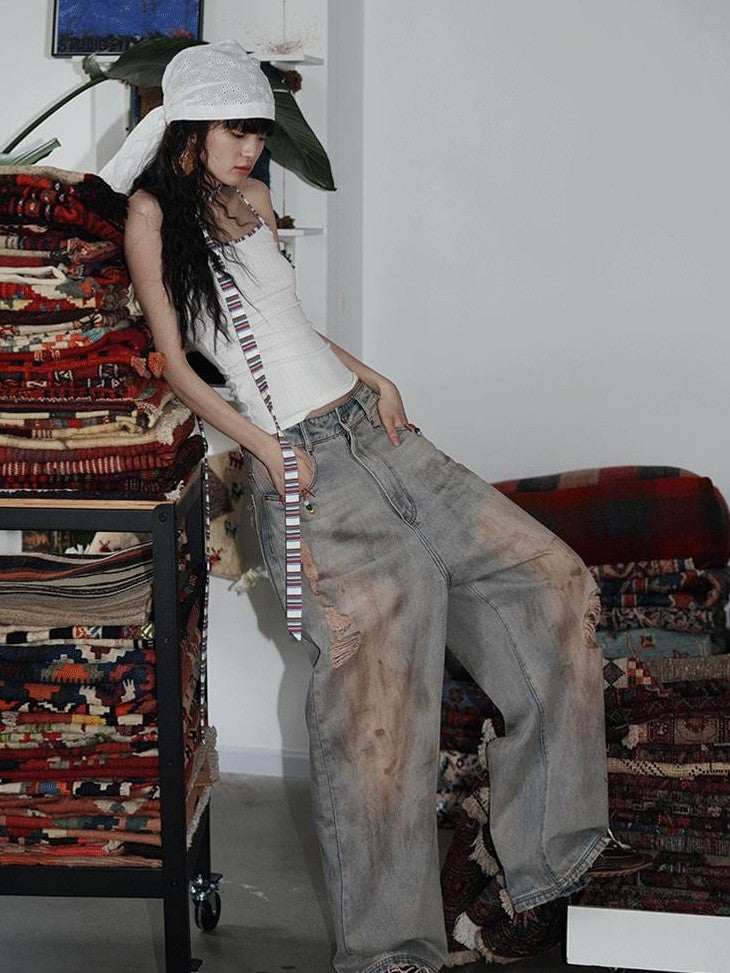 badtaste Western Hand Beaded Distressed Ripped Low Waist Women's Denim Wide-leg Jeans
