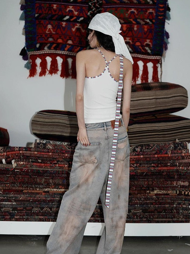 badtaste Western Hand Beaded Distressed Ripped Low Waist Women's Denim Wide-leg Jeans