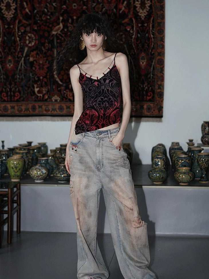 badtaste Western Hand Beaded Distressed Ripped Low Waist Women's Denim Wide-leg Jeans