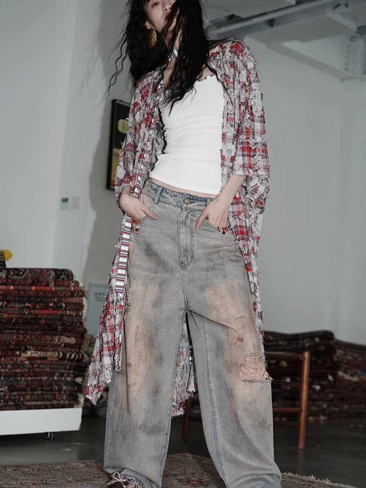 badtaste Western Hand Beaded Distressed Ripped Low Waist Women's Denim Wide-leg Jeans