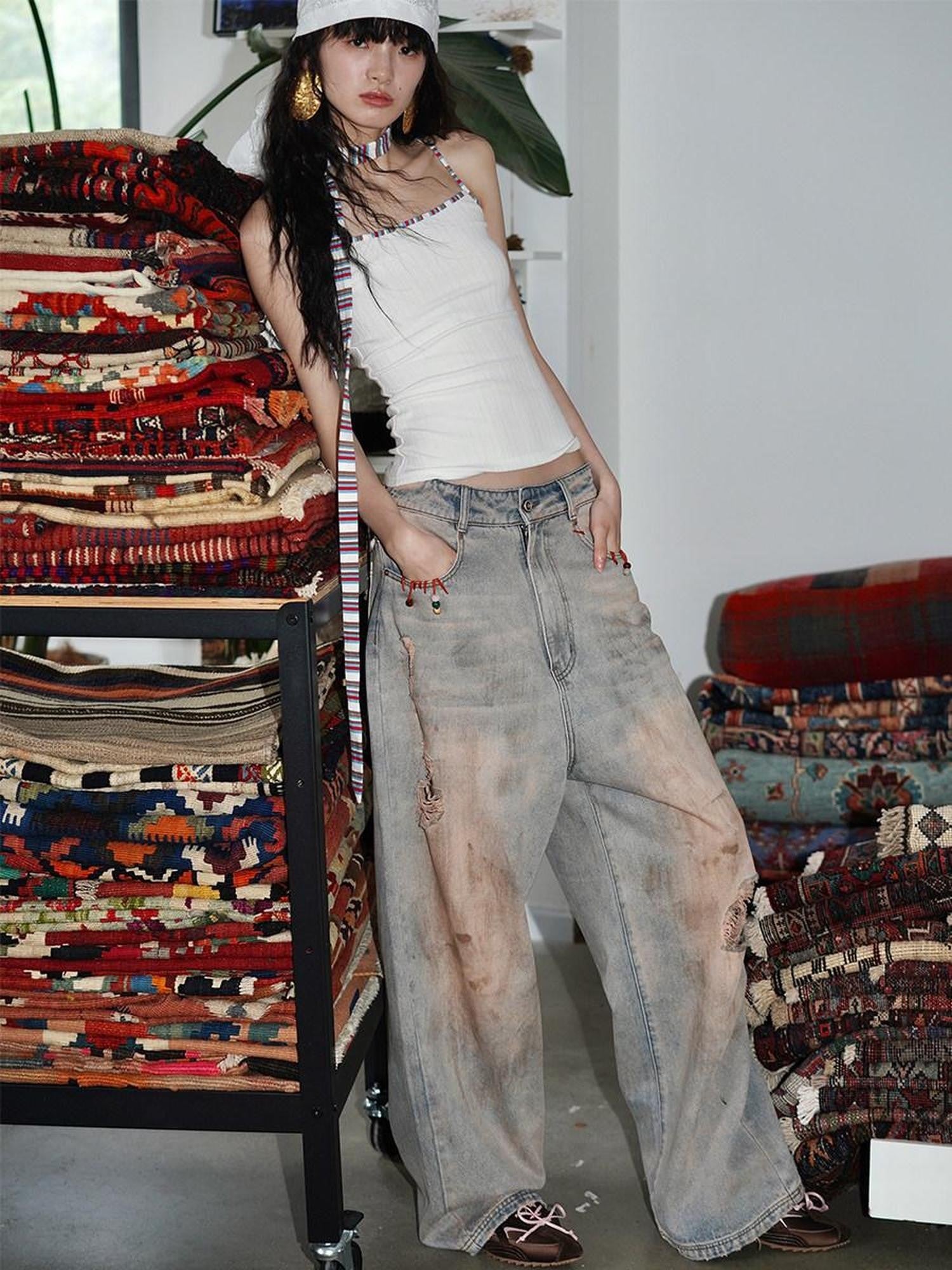 badtaste Western Hand Beaded Distressed Ripped Low Waist Women's Denim Wide-leg Jeans