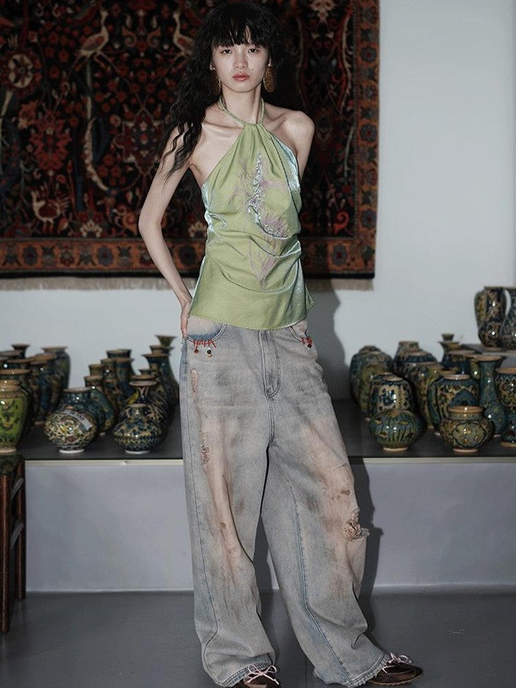 badtaste Western Hand Beaded Distressed Ripped Low Waist Women's Denim Wide-leg Jeans