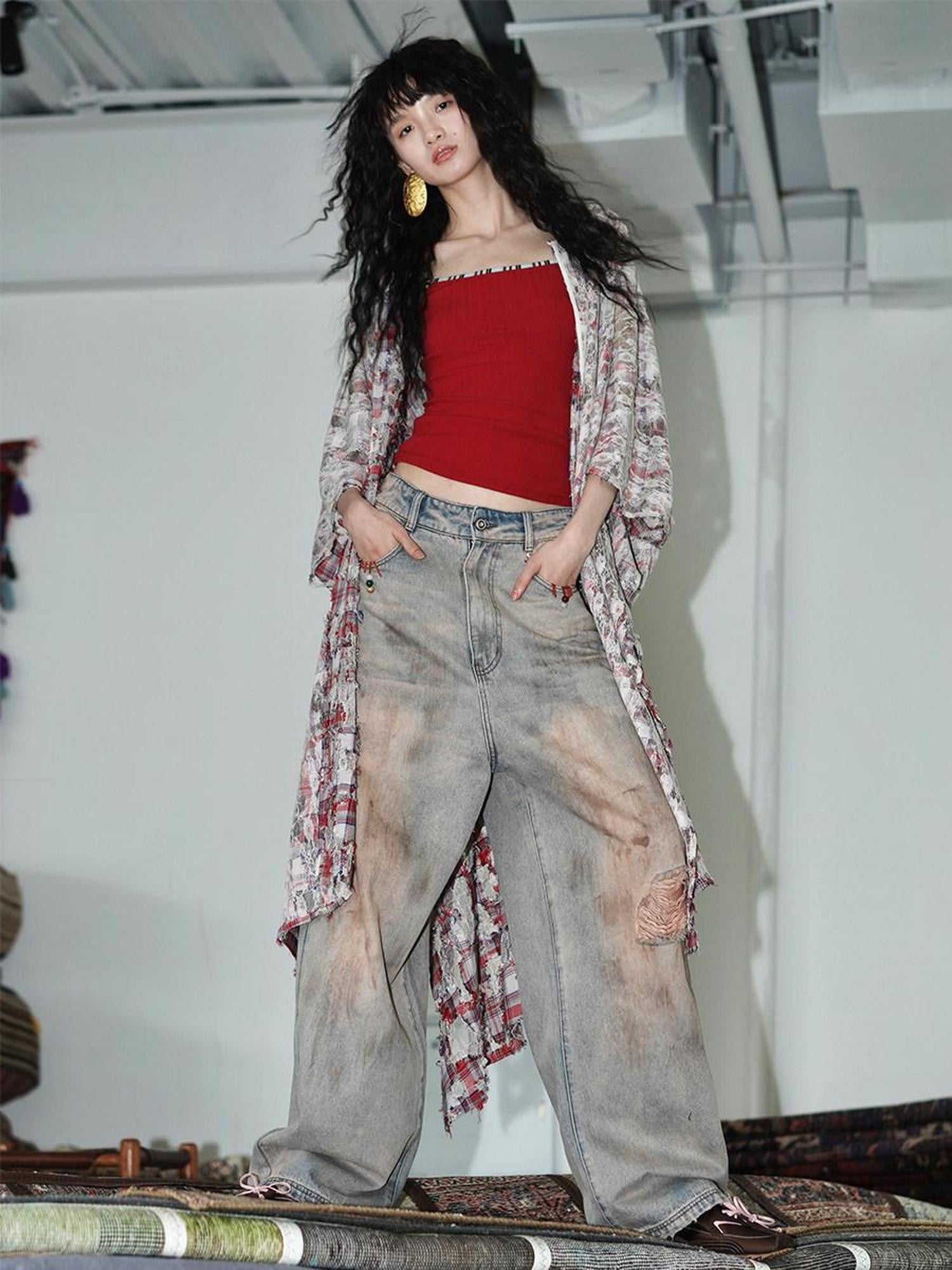 badtaste Western Hand Beaded Distressed Ripped Low Waist Women's Denim Wide-leg Jeans