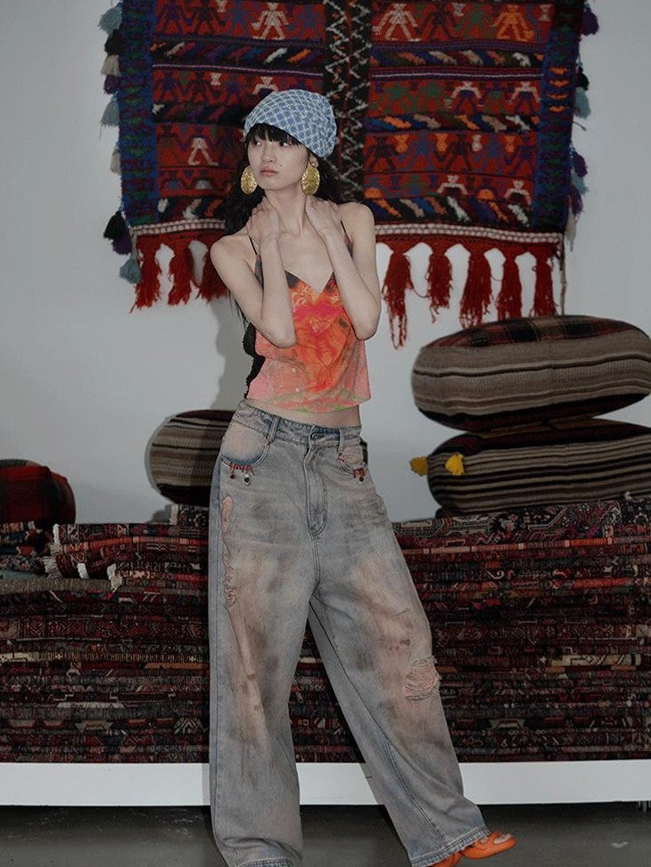 badtaste Western Hand Beaded Distressed Ripped Low Waist Women's Denim Wide-leg Jeans