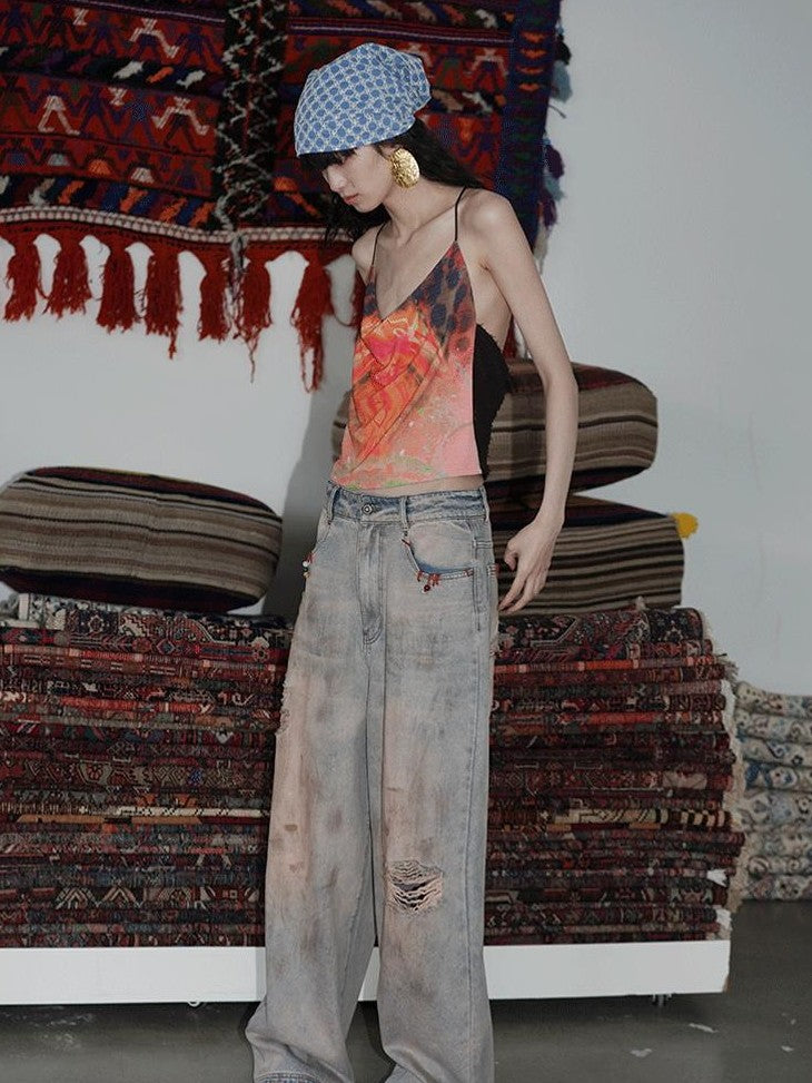 badtaste Western Hand Beaded Distressed Ripped Low Waist Women's Denim Wide-leg Jeans