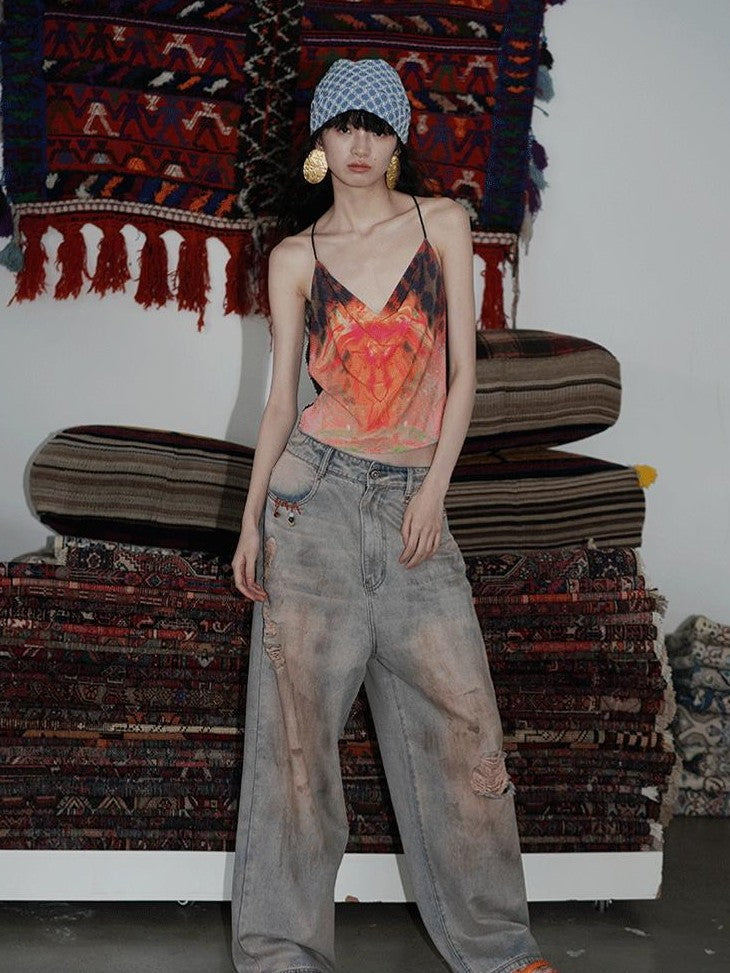 badtaste Western Hand Beaded Distressed Ripped Low Waist Women's Denim Wide-leg Jeans
