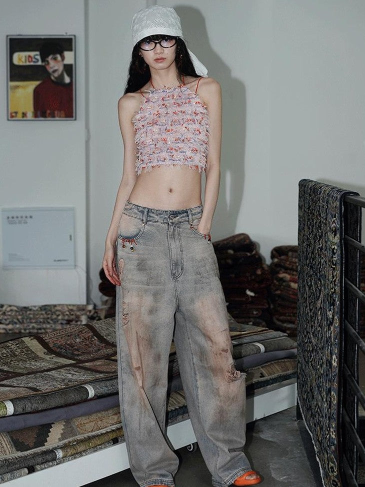 badtaste Western Hand Beaded Distressed Ripped Low Waist Women's Denim Wide-leg Jeans