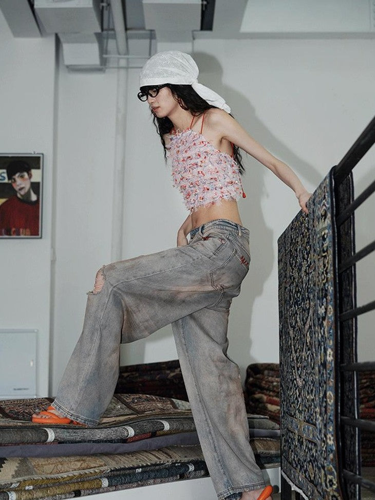 badtaste Western Hand Beaded Distressed Ripped Low Waist Women's Denim Wide-leg Jeans