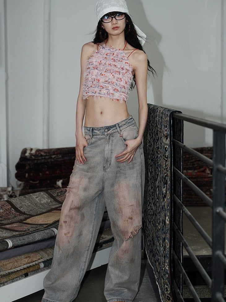 badtaste Western Hand Beaded Distressed Ripped Low Waist Women's Denim Wide-leg Jeans