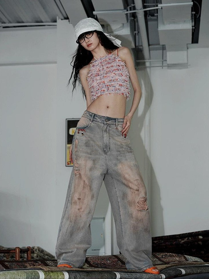 badtaste Western Hand Beaded Distressed Ripped Low Waist Women's Denim Wide-leg Jeans