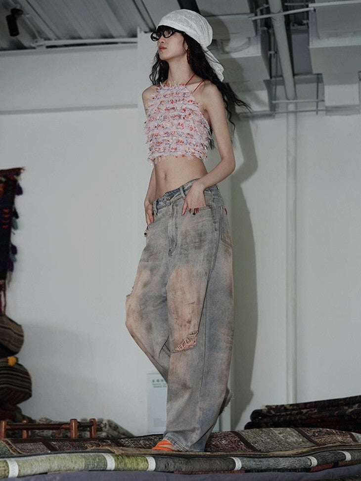 badtaste Western Hand Beaded Distressed Ripped Low Waist Women's Denim Wide-leg Jeans