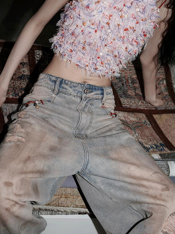 badtaste Western Hand Beaded Distressed Ripped Low Waist Women's Denim Wide-leg Jeans