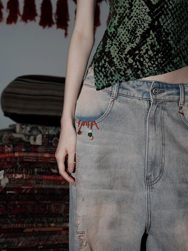 badtaste Western Hand Beaded Distressed Ripped Low Waist Women's Denim Wide-leg Jeans