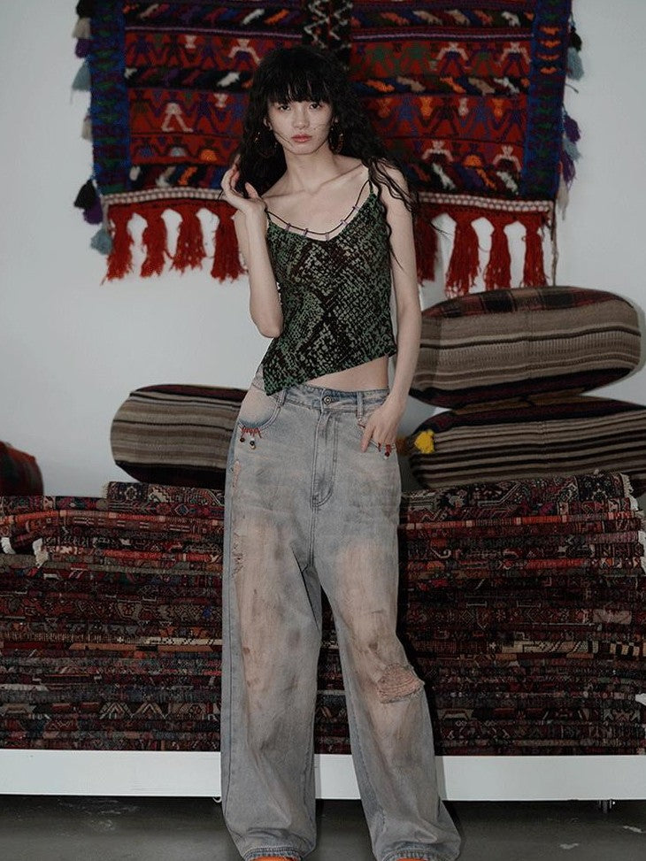 badtaste Western Hand Beaded Distressed Ripped Low Waist Women's Denim Wide-leg Jeans