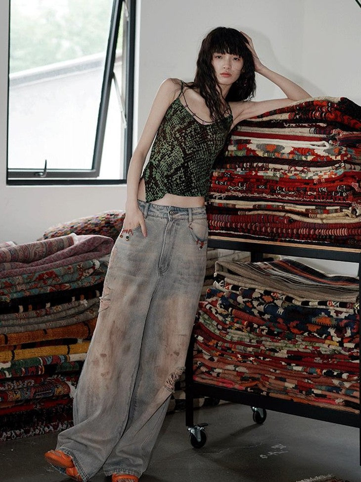 badtaste Western Hand Beaded Distressed Ripped Low Waist Women's Denim Wide-leg Jeans